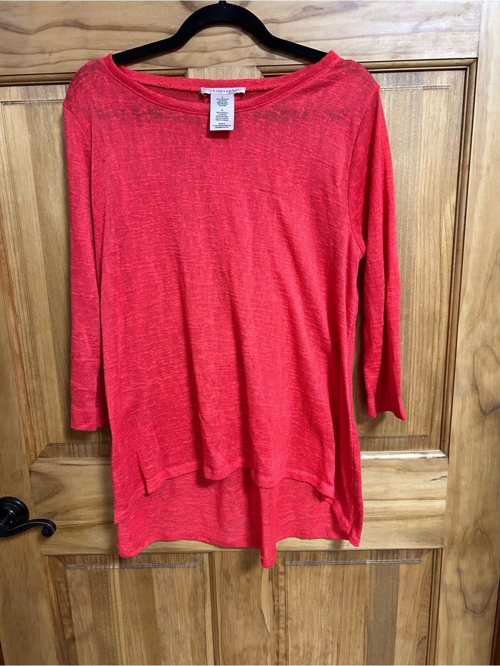 philosophy Red/orange Lightweight Long Sleeve Top. High-Low hem